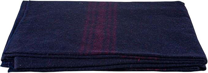 Fox Outdoor Products Wool Blanket - Warm Lightweight Wool Blend Blanket with Whip-Stitched Edges for Outdoor &amp Home Use RED-Striped Navy