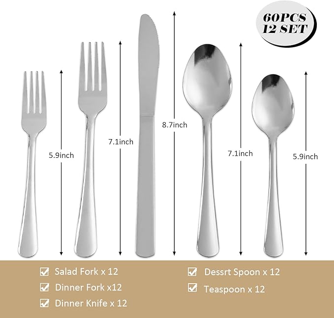 60 PCS Silverware Set - Windsor Stainless Steel Silverware Set for 12 Kitchen Flatware Set Cutlery Set for Home Restaurant Hotel Kitchen Dishwasher Safe &amp Mirror Polished Utensils Set