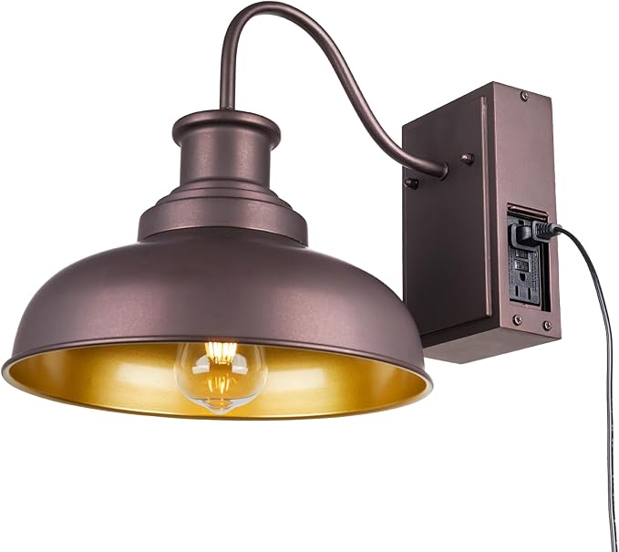 Outdoor Barn Light with GFCI Outlet Farmhouse Exterior Wall Sconce Light Vintage Wall Lighting Fixture Industrial Bronze Wall Lantern with Built in for Porch Garage STRZ037-W ORB