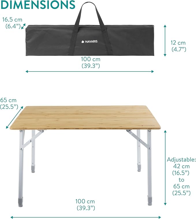 Navaris Bamboo Camping Table - Portable Folding Campervan Table - Picnic Tables That Fold Up - Foldable Fishing Table with Aluminium Telescopic Legs - Outdoor