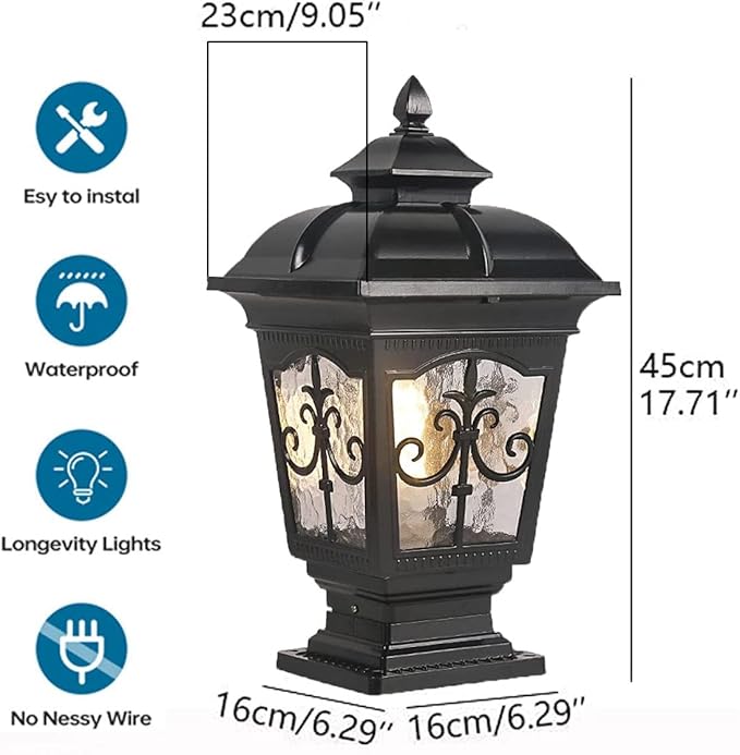Outdoor Column Lights IP65 Waterproof Garden Post Light Fixture Aluminum Glass Pillar Lights Outdoor Fence Column Cap Light External Patio Landscape Post Lamps (Black)