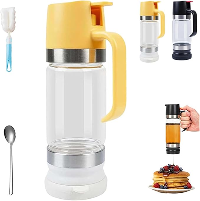 Honey Dispenser No Drip Glass Honey Dispenser No Drip with Stand Press Type Drip Dispensers for Honeys Refillable Glass Honey Jar with Handle For Honeys Coffee Syrup (Yellow)