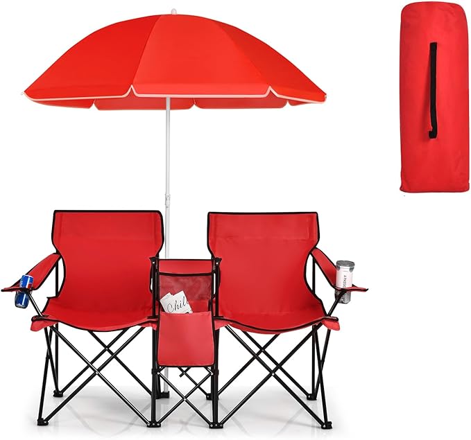 Double Camping Chair 2-Person Portable Beach Chair w/Removable Umbrella Cup Holders &amp Carrying Bag Folding Loveseat Chairs for Adults Outdoor Picnic (Red)