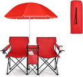 Double Camping Chair 2-Person Portable Beach Chair w/Removable Umbrella Cup Holders &amp Carrying Bag Folding Loveseat Chairs for Adults Outdoor Picnic (Red)