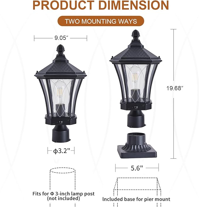 Motion Sensor Outdoor Post Lights with Pier Mount Base Dusk to Dawn Outdoor Pillar Lamps Waterproof Exterior Post Lamp with Patterned Glass Outdoor Pole Lights for Patio Porch Gate