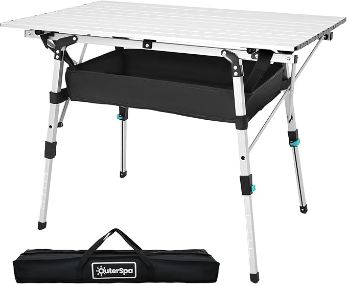 Portable Camping Table with Adjustable Legs Lightweight Aluminum Folding Table Foldable Table for Outdoor Cooking Picnic Beach Backyards Rectangular