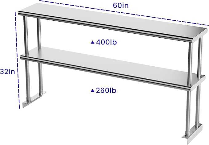 Double Overshelf of Stainless Steel 12'' x 60'' Commercial 2 Tier Shelf for Prep &amp Work Table in Restaurant Home and Kitchen (12x60)