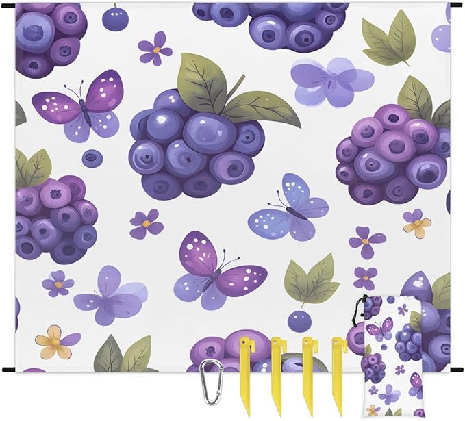 Waterproof Sandproof Beach Blanket 59''×68'' Fruit Blueberries Polyester Outdoor Picnic Blanket with 4 Stakes &amp Storage Bag for BeachCampingVacation White