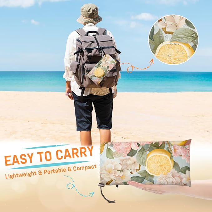 Waterproof Sandproof Beach Blanket 59''×68'' Fruit &amp Flower Polyester Outdoor Picnic Blanket with 4 Stakes &amp Storage Bag for BeachCampingVacation Pink