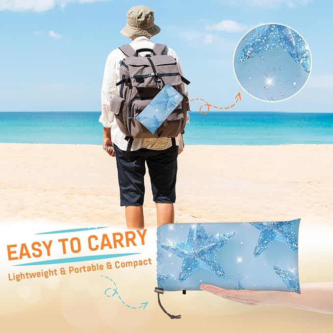 Waterproof Sandproof Beach Blanket 59''×68'' Five Pointed Star Polyester Outdoor Picnic Blanket with 4 Stakes &amp Storage Bag for BeachCampingVacation Ice Blue