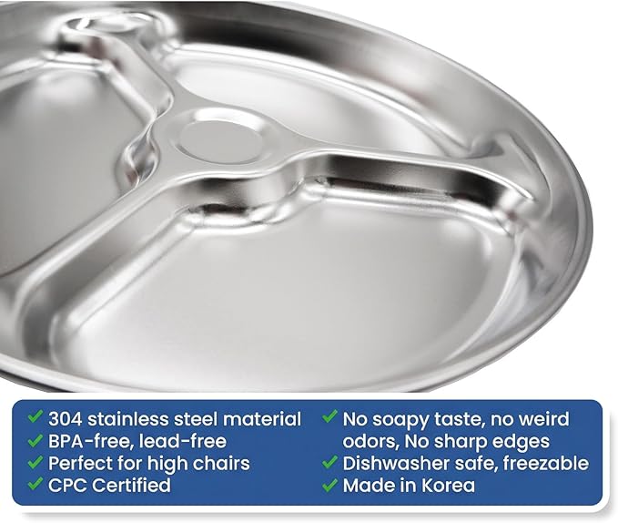 Korean Stainless Steel Divided Plates for Toddlers Kids Babies 8-Inch Premium 304 Electro-Polished No Black Residue BPA-Free Round 3-Compartment Food Tray Camping Diet Control Set of 2