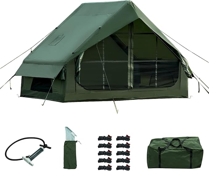 Inflatable Camping Tent with Hand Pump Waterproof Outdoor Blow up Tent Oxford 4 Season Air Tent Cabin House with Mesh Windows &amp Door 12sq/6sq Green