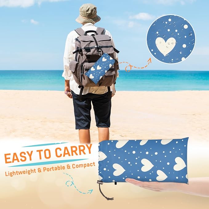 Waterproof Sandproof Beach Blanket 59''×68'' White Polka Dot Heart Polyester Outdoor Picnic Blanket with 4 Stakes &amp Storage Bag for BeachCampingVacation