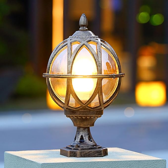 Outdoor Post Light Fixture Retro Amber Glass Ball Pillar Lights Waterproof Exterior Column Lamp Villa Courtyard Garden Park Doorpost Light Landscape Fence Bollard Pedestal Light