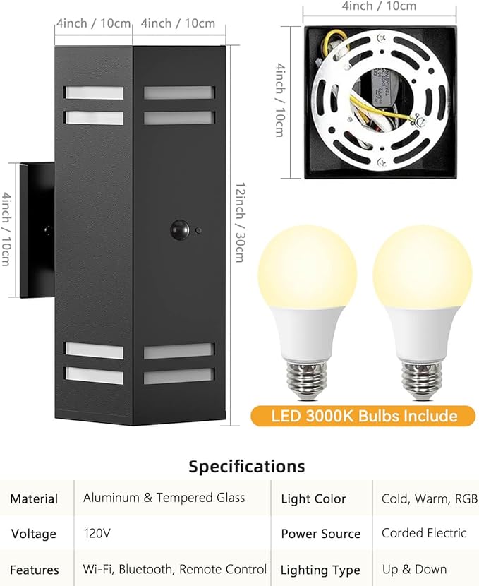 KIZON Motion Sensor Outdoor Lights 2 Pack Dusk to Dawn Outdoor Wall Lights Black Exterior Lighting Fixtures with E26 Base Modern Sconce Motion Detector Lights for House Porch