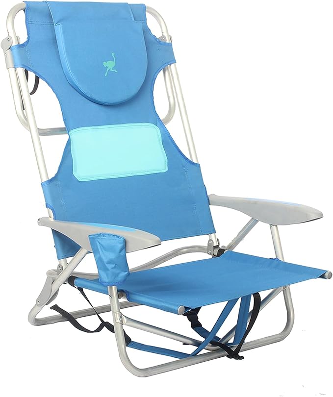 Ostrich 3N1 Lightweight Aluminum Frame 5-Position Reclining Beach Chair and Ladies Comfort On-Your-Back Outdoor Beach Chair with Backpack Strap Blue
