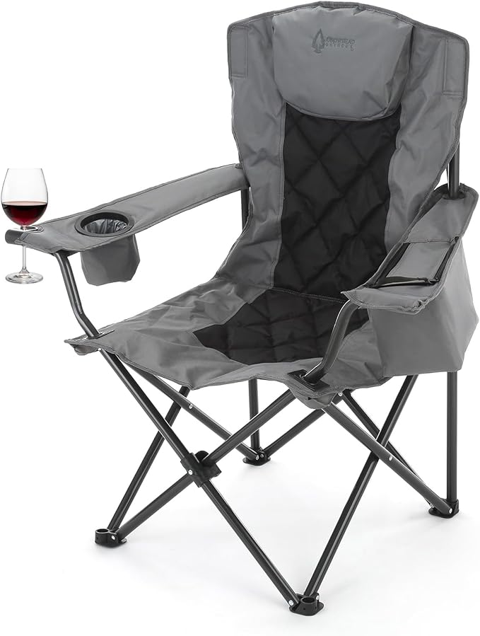 ARROWHEAD OUTDOOR Portable Deluxe Folding Camp Quad Chair w/Headrest Glass &amp Cup Holders Armest 6-can Cooler Heavy Duty Carry Bag 550 lbs Weight Capacity