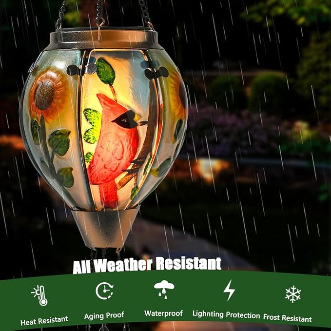 Hot Air Balloon Solar Lantern - Large Cardinal Bird Glass Lantern Simulated Flickering &amp Dancing Flame Big Outdoor Hanging Sunflower Yard Light Waterproof IP65 for Patio Lawn Porch Decor Gift