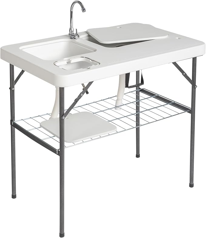 Outvita Folding Portable Camping Sink Table with Sink Faucet Drainage Hose &amp Grid Rack White