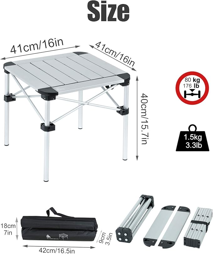 iClimb Lightweight Stable Alu. Folding Square Table Roll Up Top with Carry Bag for Camping Picnic Backyards BBQ Camp Kitchen (Silver S)