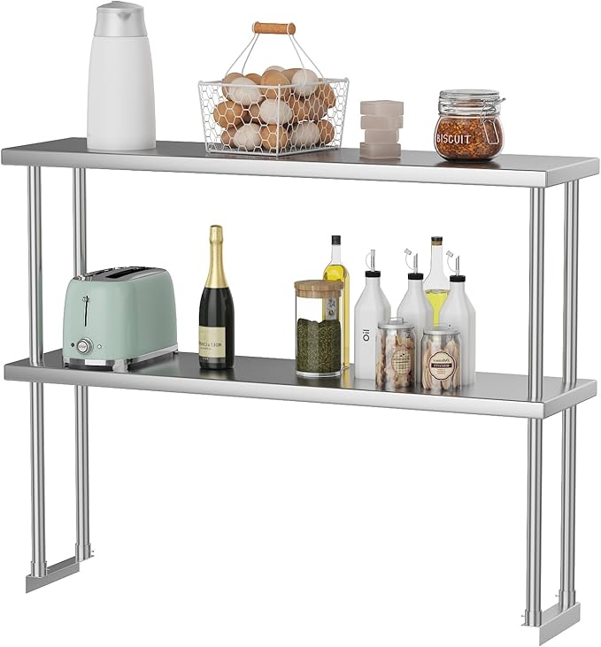 2-Tier Stainless Steel Overshelf for Work &amp Prep Table 12x48 inch Commercial Adjustable Double Shelf Heavy Duty Storage Rack for Kitchens Utility Rooms Restaurants &amp Garages
