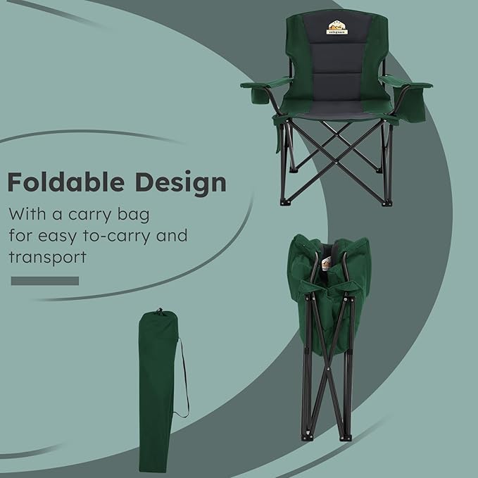 Oversized Folding Camping Chairs - 450 LBS Support Heavy Duty Camp Chair with Padded Cushion Portable Outside Chairs with Carry BagCooler Cup Holder for Outdoor Lawn Sports - Green