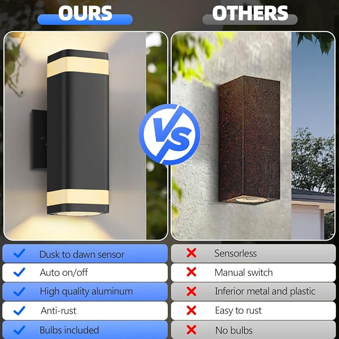 RAYVO Dusk to Dawn Outdoor Wall Light Modern Up and Down Outdoor Light Fixture with Sensor Waterproof Aluminum Wall Sconce for Porch Garage Patio LED Bulbs Included Black Finish