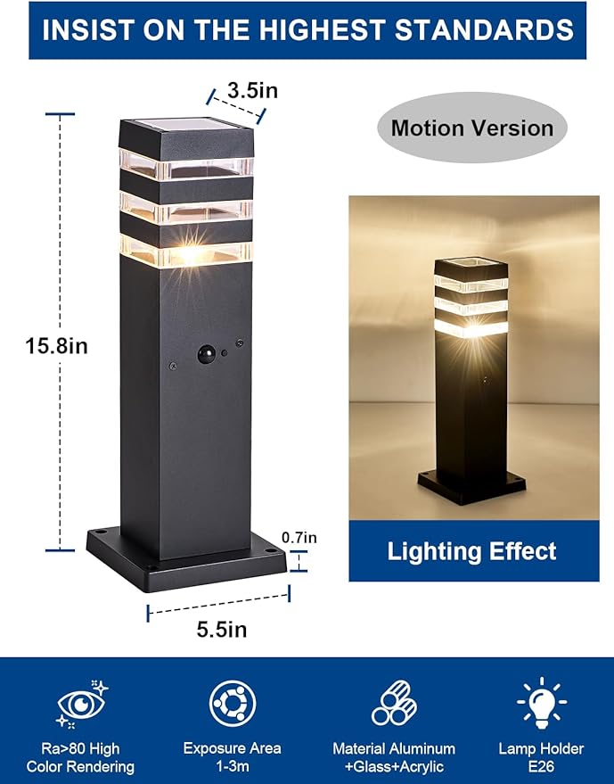 2Pack Motion Sensor Outdoor Floor Lamps Pathway Lights Dusk to Dawn Exterior Pillar Lamps Black Aluminum Poles Lights for Outside Modern Landscape Path Lamp for Patio Yard Garden Pathway Driveway