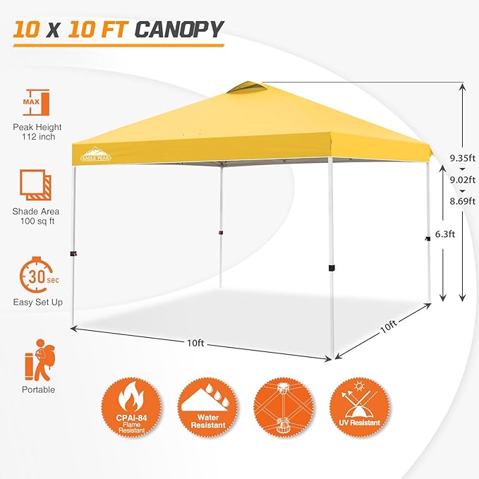 EAGLE PEAK Pop Up Canopy Tent with Wheeled Carry Bag 8 Stakes 4 Ropes 4 Weight Bags Easy Set Up Tent Canopy 10x10 ft 100sqft of Shade Yellow