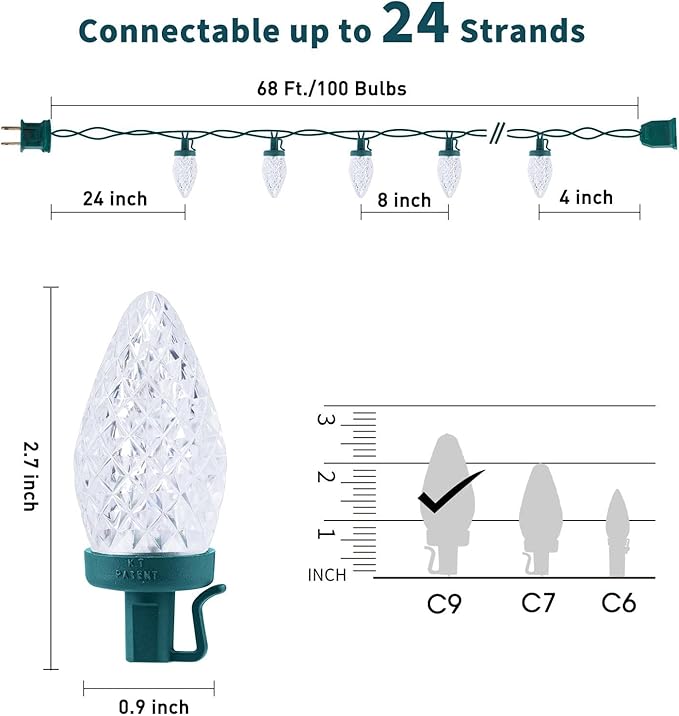 C9 LED Christmas Lights Outdoor 68 Ft 100 LED C9 String Light with 100 All in One Clips Connectable Waterproof Christmas Tree Lights for Outside Roofline Backyard Garden Decor Pure White 2 Pack