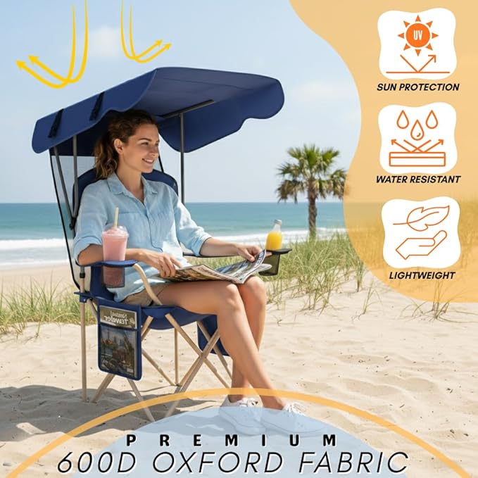 Portable Folding Camping Chairs with Canopy Shade Beach Chair for Adults Durable Weather Resistant 600D Oxford Cloth Camping Chair with Canopy for Outdoors [Navy]
