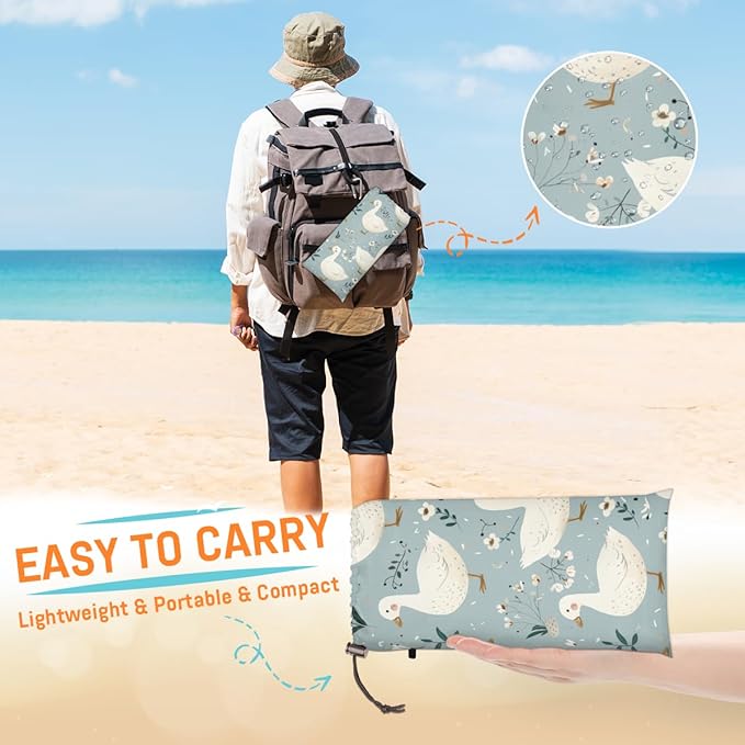 Waterproof Sandproof Beach Blanket 59''×68'' Ducks Polyester Outdoor Picnic Blanket with 4 Stakes &amp Storage Bag for BeachCampingVacation Light Gray