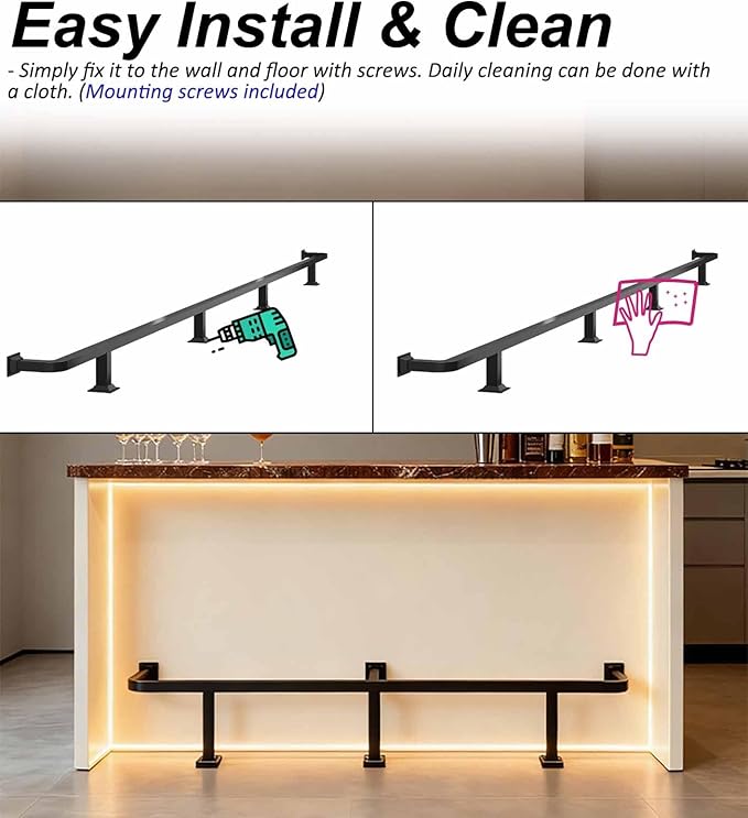 Pub Bar Foot Railing 3 4 5 6 7 ft Square Tube Footrest Rack for Under Counter Stainless Steel Pipe Foot Rest Complete Handrail Shelf Rails(Gold7ft/213cm)
