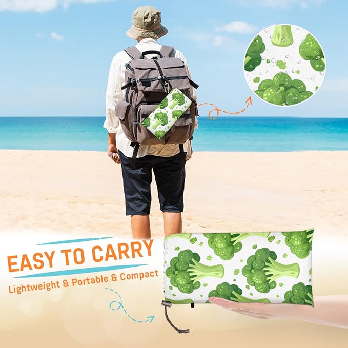 Waterproof Sandproof Beach Blanket 59''×68'' Vegetables Polyester Outdoor Picnic Blanket with 4 Stakes &amp Storage Bag for BeachCampingVacation Broccoli