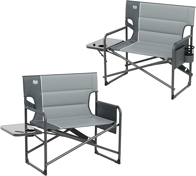 TIMBER RIDGE XXL Foldable Directors Chair with Side Table Extra Wide Camping Chairs for Adults Heavy Duty Supports 500 lbs Oversized Folding Lawn Chair for Picnic Beach Sports Fishing Grey-2 Pack