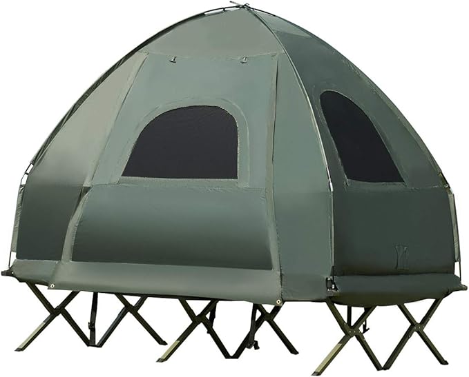 Double Tent Bed Portable Camping Tent with Air Mattress and Pillow Folding Camping Cot of Metal Frame Double Sleep Bag with Polyester Canopy for Outdoor Family Camping Picnic - Military Green