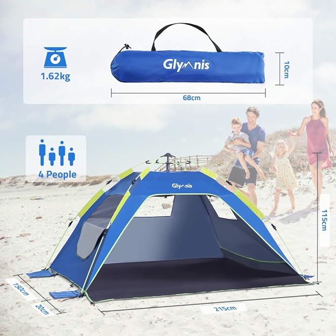 Glymnis Pop Up Beach Tent Sun Shade Shelter for 3-4 Person with UPF 50+ Lightweight &amp Easy Setup Vent Windows &amp Zippered Door Extended Floor Family Instant Beach Tent