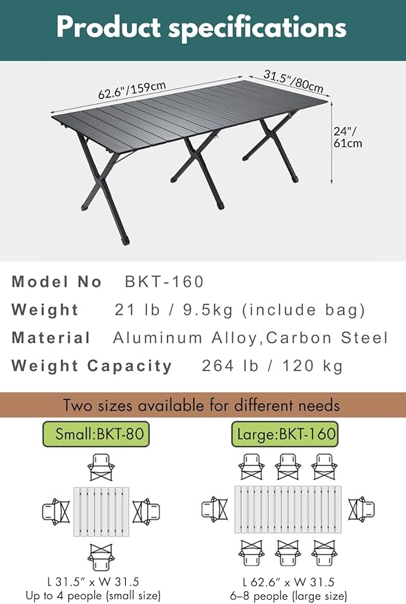 CAMPINGMOON Large Roll-Up Table L 63'' x W 31.5'' x H 24'' Aluminum Folding Portable Camping Outdoor Track Style Design Table BKT-160