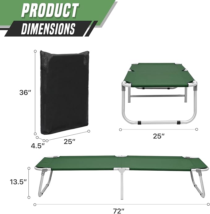 Folding Camping Cot for Adults Portable Travel Camp Cot with Storage Bag Metal Frame Camping Bed Great for Outdoor Lounging &amp Elevated Sleeping Support 300lbs Easy Setup Green