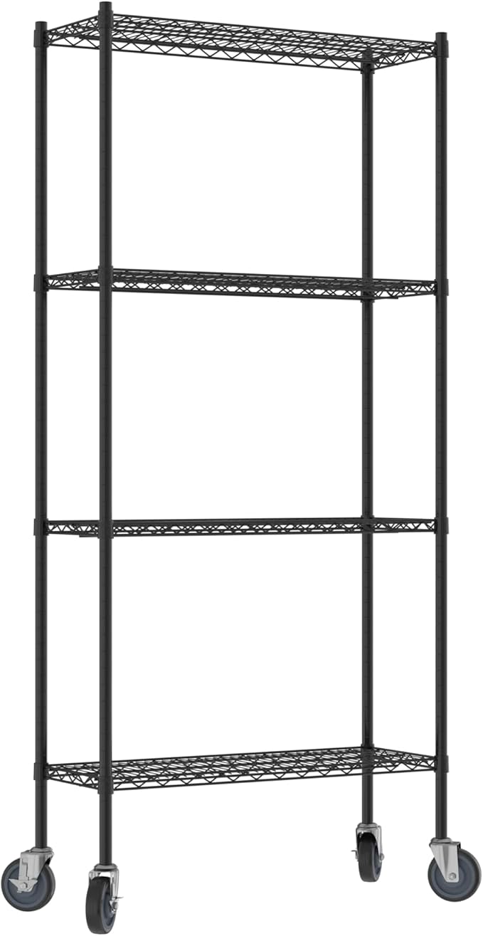 Commercial NSF Listed Black Epoxy Mobile Wire Shelving Kit 14 x 36 x 80 with 4 Shelves Perfect for Warehouse Walk-in Refrigerator Freezer Grocery Store Restaurant Dishroom
