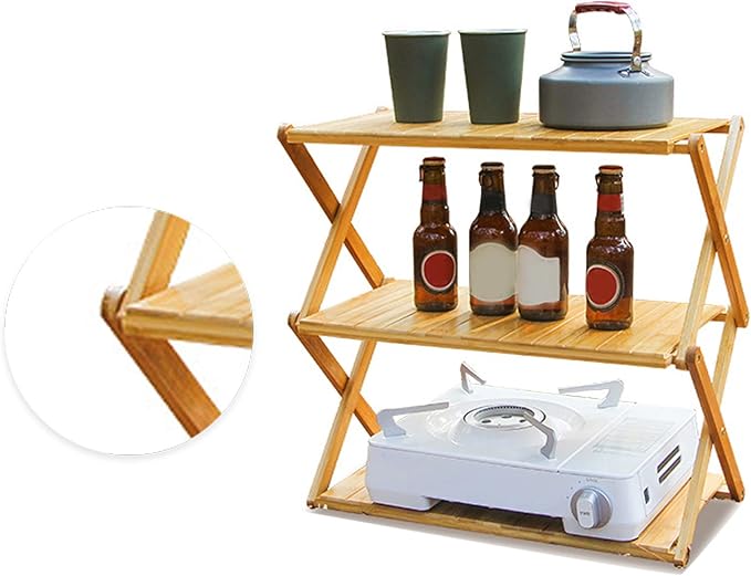 Wood Rack Portable Strong Bearing Capacity Folding Wooden Shelf for Outdoor Picnic 3 Layer Down Into Lightweigh Wood RackFolding Wooden ShelfCamping Portable Folding ShelfFolding (3 Layers)