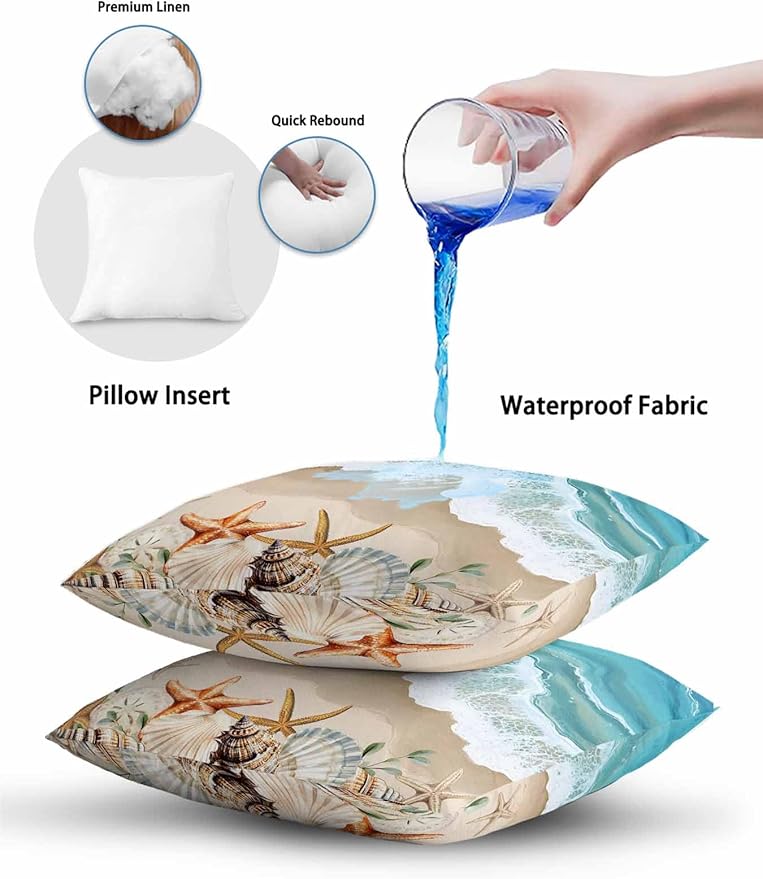 Outdoor Pillows Waterproof Coastal Beach Ocean Bedding Throw Pillows with Insert for Couch Sofa Bed Nautical Starfish Shells Conch 12x20 Inch Pillowcases Camping Patio Pillow Set of 2