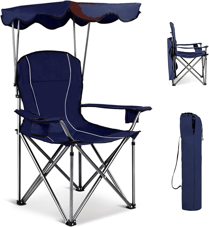 KOTEK Camping Chair with Canopy Portable Canopy Chair with Shade Cup Holder &amp Carry Bag Outdoor Folding Chairs for Sports Events Fishing Beach Picnic Hiking Travel (Blue)