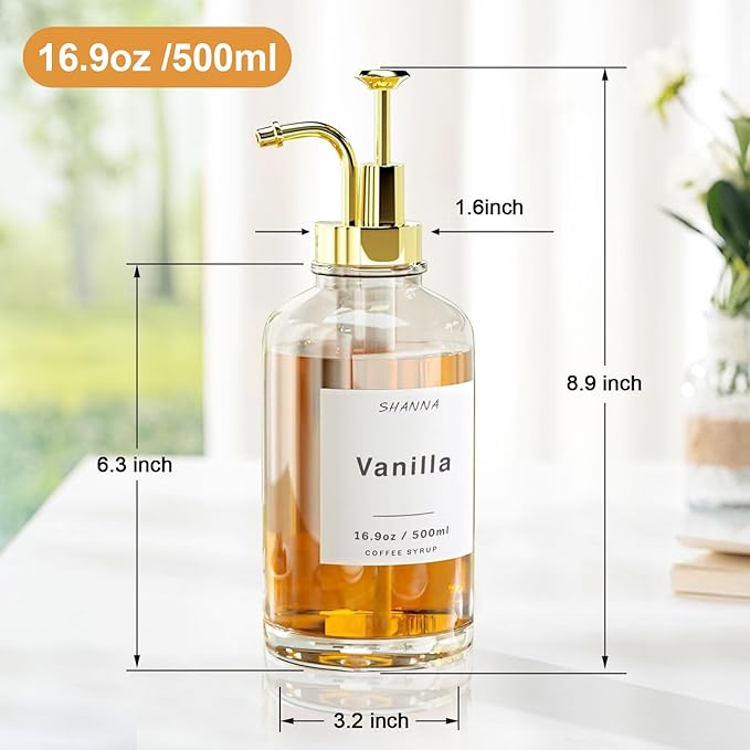 Coffee Syrup Dispenser for Coffee Bar 16.9oz 500ml Glass Syrup Dispenser w Golden Coffee Scoop Coffee Syrup Pump Dispenser w 36 Labels and Bamboo Tray Coffee Syrup Bottles with Golden Pump 2PCS