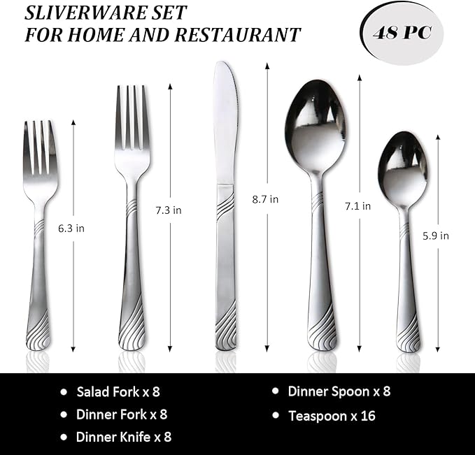 48pcs Silverware set Stainless Steel Tableware Set service for 8 Durable Modern Flatware Set Perfect for Weddings Birthday Parties &amp Everyday Use Holiday Gifts Dishwasher safe (Silver)