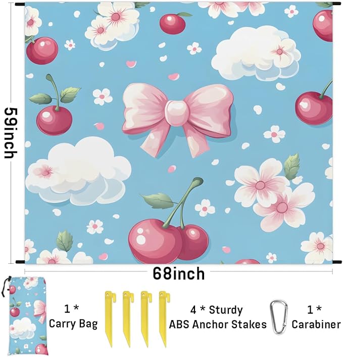 Waterproof Sandproof Beach Blanket 59''×68'' Cherry Decorations Polyester Outdoor Picnic Blanket with 4 Stakes &amp Storage Bag for BeachCampingVacation Blue