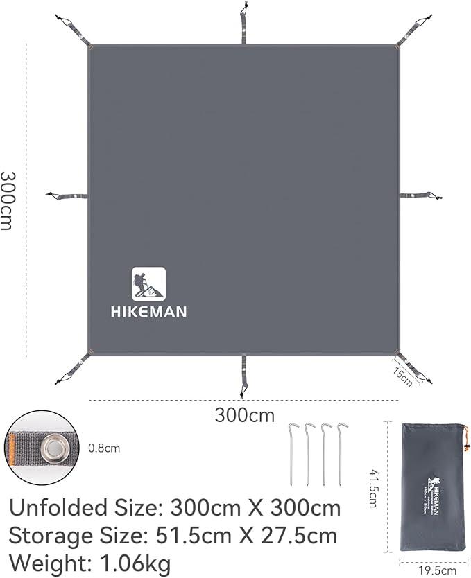Hikeman Tent Footprint - Waterproof Camping Tarp Heavy Duty Tent Floor Saver Ultralight Ground Sheet Mat for Hiking Backpacking Hammock Beach - Storage Bag Included(PU3000mm300 * 300CM)