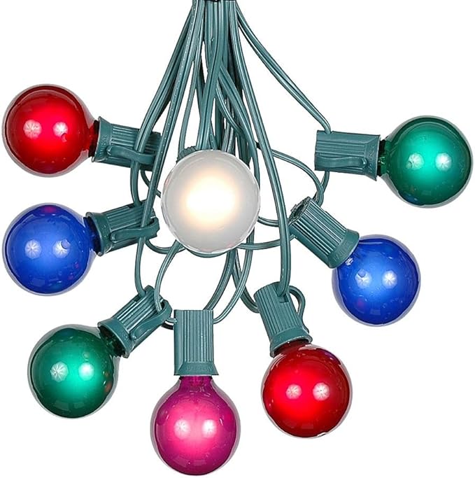 G40 Patio String Lights with 25 Multi Globe Bulbs - Hanging Garden String Lights - Vintage Backyard Patio Lights - Outdoor String Lights - Market Cafe String Lights - Green Wire - 25 Foot