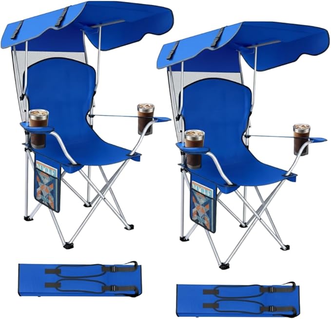 Portable Folding Camping Chairs with Canopy Shade Beach Chair for Adults Durable Weather Resistant 600D Oxford Cloth Camping Chair with Canopy for Outdoors [Blue-2 Pack]