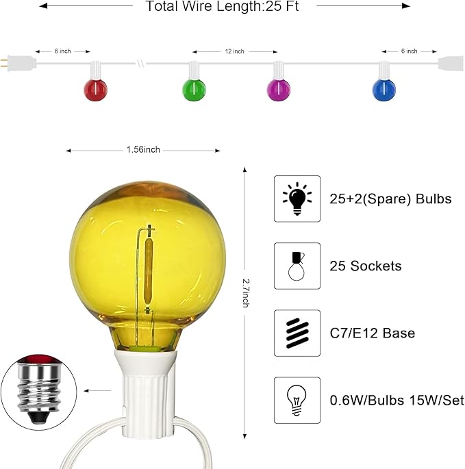 25Ft LED Outdoor String Lights G40 Outdoor Christmas Decorations Lights Waterproof with 27 LED Globe Multicolor Bulb Hanging Vintage Christmas Lights for Patio Roofline Backyard Garden Party Decor